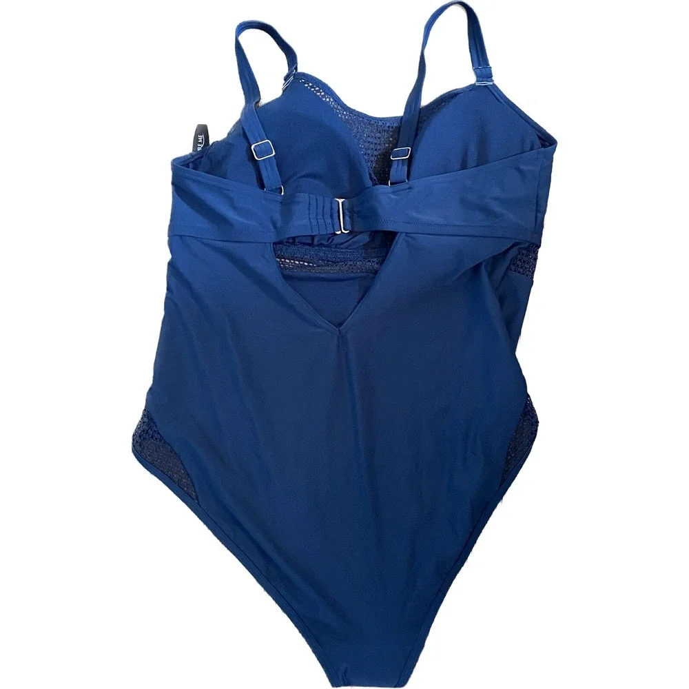 Womans Plus Size‎ 3X Navy Swim Bathing Suit Navy Blue Lined Top Cute Embellished